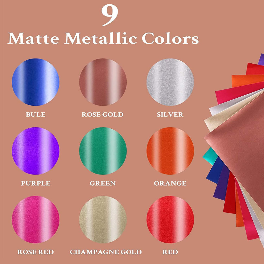 Matte Metallic Adhesive Vinyl Bundle - 12" x 12" 9 Pack （9 Assorted Colors）