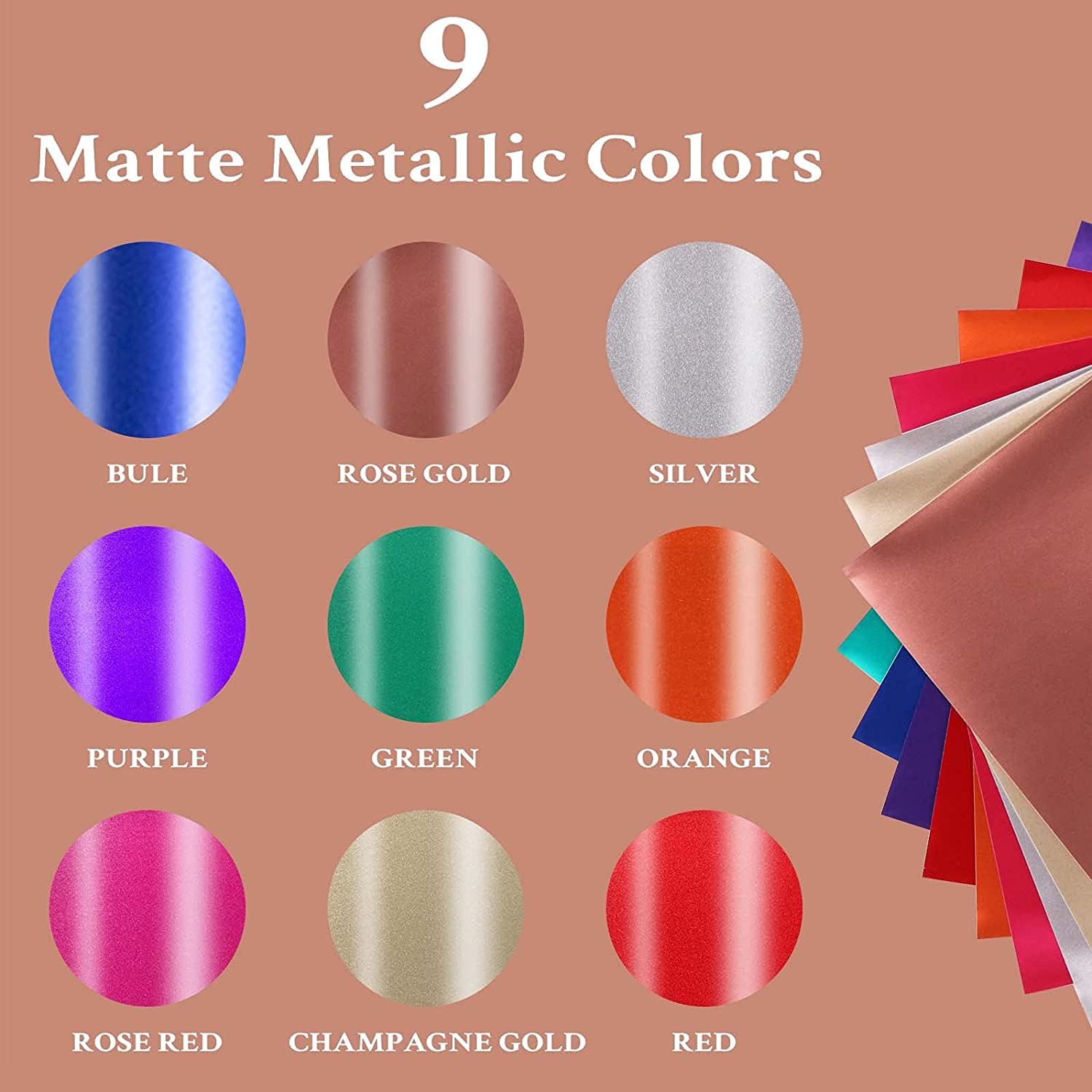 Matte Metallic Adhesive Vinyl Bundle - 12" x 12" 9 Pack （9 Assorted Colors）