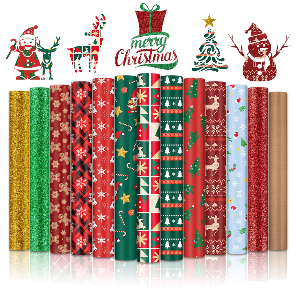 2025 New Models Christmas Patterned Heat Transfer Vinyl Bundle - 13 Sheets 12"x10"