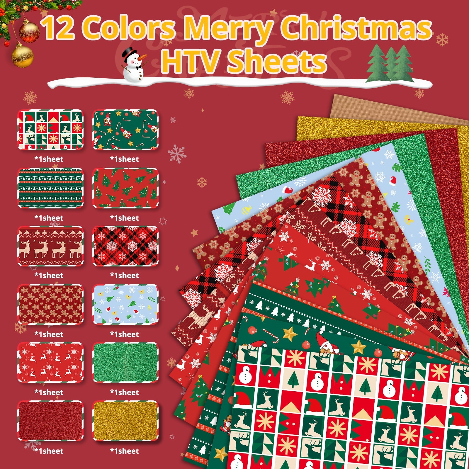 2025 New Models Christmas Patterned Heat Transfer Vinyl Bundle - 13 Sheets 12"x10"
